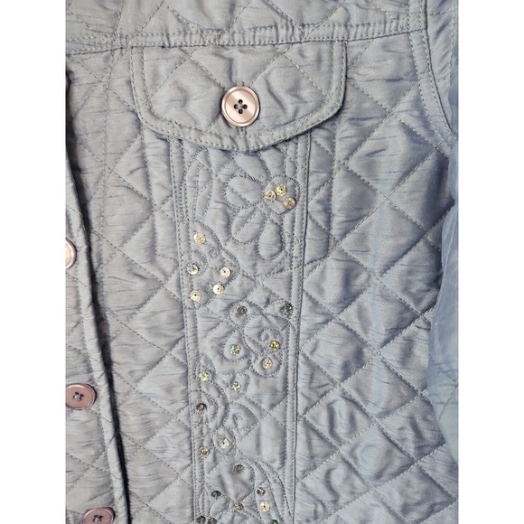 Quacker Factory Jacket Women L Blue Quilted Sequin Floral Embroidered Coastal - Picture 4 of 14